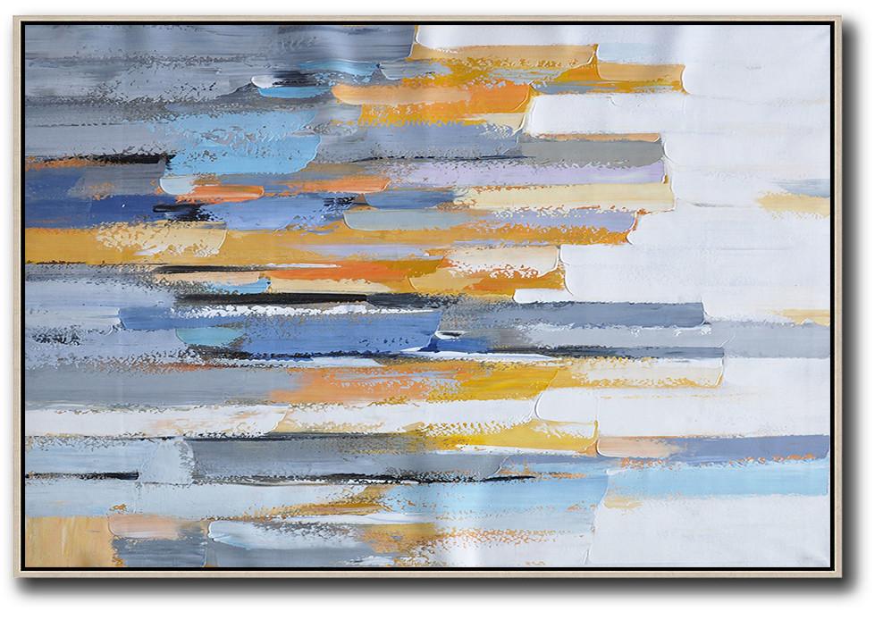 Large Abstract Art Handmade Painting,Oversized Horizontal Contemporary Art,Large Canvas Wall Art For Sale,White,Grey,Blue,Yellow.etc